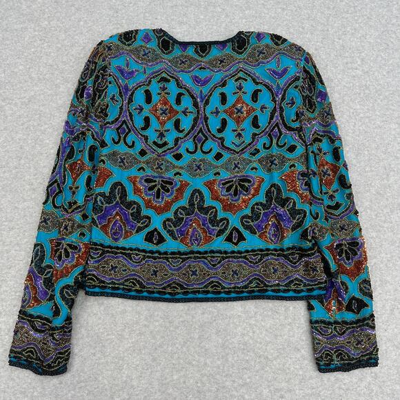 Papell Boutique Evening Trophy Jacket WMN M Blue Silk Sequin Beaded Vtg Brocade - Picture 3 of 14